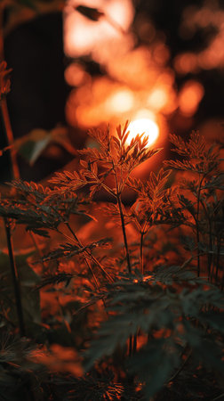 Golden red sunset light filters through the leaves, still atmosphere, warm orange glow blending with...