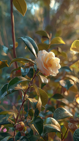 The Camellia at dawn, soft golden sunlight kissing leaves, clean air, natural color tone.