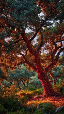 The Cork oak at sunset, Golden red sunset light filters through the leaves, still atmosphere, warm...