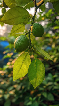 The Sweet lime at dawn, soft golden sunlight kissing leaves, clean air, natural color tone.