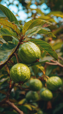 A wide shot of Guava swaying gently in the wind, realistic photography style, bright and vivid...