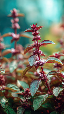 A wide shot of Holy basil swaying gently in the wind, realistic photography style, bright and vivid colors, natural lighting.の写真素材