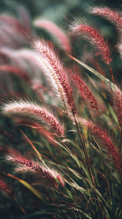 A wide shot of Russelia swaying gently in the wind, realistic photography style, bright and vivid colors, natural lighting.の写真素材