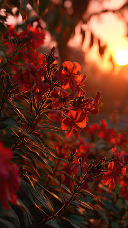 The Tibouchina at sunset, Golden red sunset light filters through the leaves, still atmosphere, warm orange glow blending with natural greenの写真素材