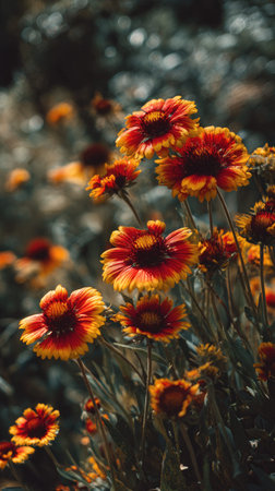 A wide shot of Blanket flower swaying gently in the wind, realistic photography style, bright and...
