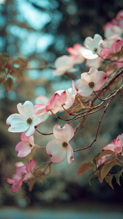 A wide shot of Kousa dogwood swaying gently in the wind, realistic photography style, bright and vivid colors, natural lighting.