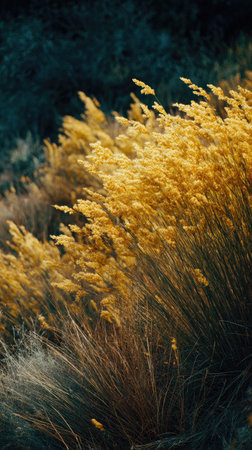 A wide shot of Shiny bush swaying gently in the wind, realistic photography style, bright and vivid colors, natural lighting.の写真素材