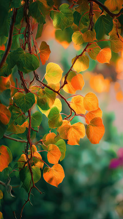 The Redbud at sunset, Golden red sunset light filters through the leaves, still atmosphere, warm orange glow blending with natural greenの写真素材