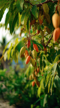 A wide shot of Spondias swaying gently in the wind, realistic photography style, bright and vivid...