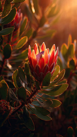 The Protea at sunset, Golden red sunset light filters through the leaves, still atmosphere, warm...