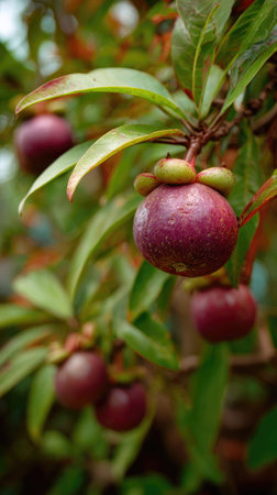 A wide shot of Mangosteen swaying gently in the wind, realistic photography style, bright and vivid...