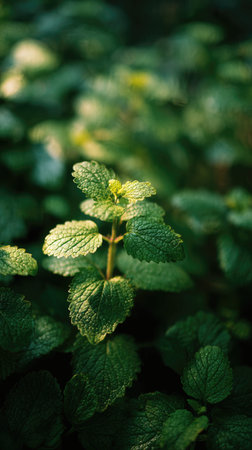 A wide shot of Lemon balm swaying gently in the wind, realistic photography style, bright and vivid...