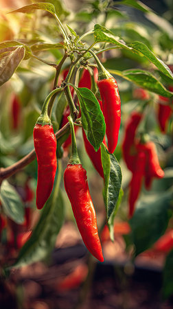 A wide shot of Chili pepper swaying gently in the wind, realistic photography style, bright and...
