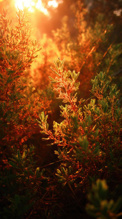 Golden red sunset light filters through the leaves, still atmosphere, warm orange glow blending with natural greenの写真素材