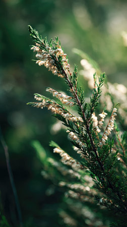 A detailed photograph of a single Heather, swaying gently in the wind, captured in natural daylight....