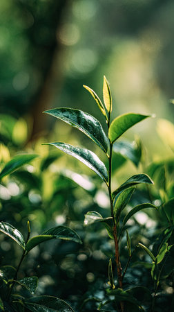 A detailed photograph of a single Black tea plant, swaying gently in the wind, captured in natural daylight. Fresh and airy atmosphere, soft motion blur on leaves, crisp details on textures, background softly blurred into natural greenery, cinematic natural light, realistic photography.の写真素材