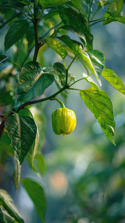 A detailed photograph of a single Bell pepper, swaying gently in the wind, captured in natural daylight. Fresh and airy atmosphere, soft motion blur on leaves, crisp details on textures, background softly blurred into natural greenery, cinematic natural light, realistic photography.の写真素材