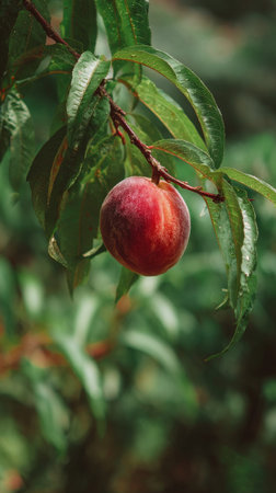 A detailed photograph of a single Peach, swaying gently in the wind, captured in natural daylight....