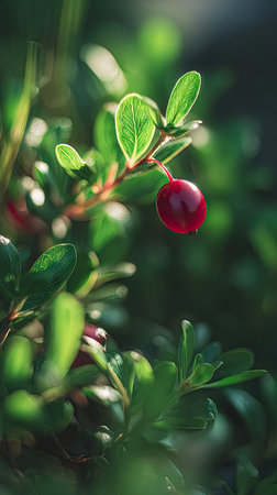 A detailed photograph of a single Cranberry, swaying gently in the wind, captured in natural daylight. Fresh and airy atmosphere, soft motion blur on leaves, crisp details on textures, background softly blurred into natural greenery, cinematic natural light, realistic photography.の写真素材