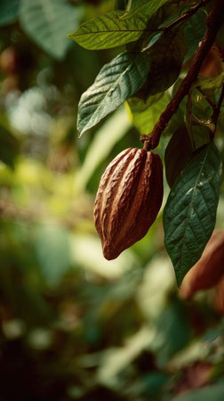 A detailed photograph of a single Cocoa, swaying gently in the wind, captured in natural daylight. Fresh and airy atmosphere, soft motion blur on leaves, crisp details on textures, background softly blurred into natural greenery, cinematic natural light, realistic photography.