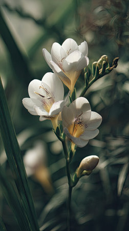 A detailed photograph of a single Freesia, swaying gently in the wind, captured in natural daylight....
