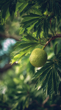A detailed photograph of a single Breadfruit, swaying gently in the wind, captured in natural...