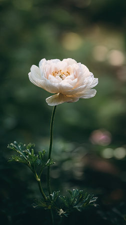 A detailed photograph of a single Ranunculus, swaying gently in the wind, captured in natural...
