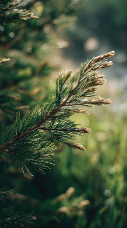 A detailed photograph of a single Pine, swaying gently in the wind, captured in natural daylight....