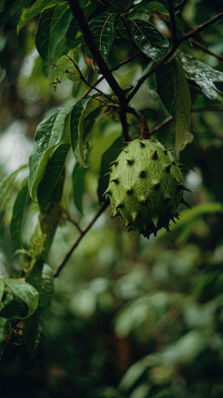 A detailed photograph of a single Soursop, swaying gently in the wind, captured in natural daylight. Fresh and airy atmosphere, soft motion blur on leaves, crisp details on textures, background softly blurred into natural greenery, cinematic natural light, realistic photography.の写真素材
