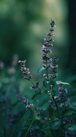 A detailed photograph of a single Catmint, swaying gently in the wind, captured in natural daylight....