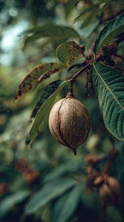 A detailed photograph of a single Nutmeg, swaying gently in the wind, captured in natural daylight....