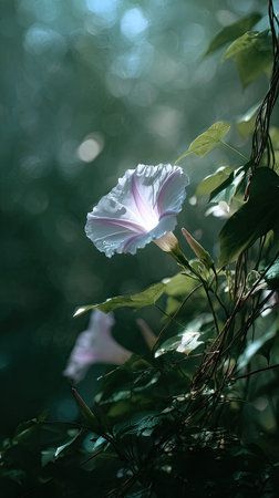 A detailed photograph of a single Morning glory, swaying gently in the wind, captured in natural...