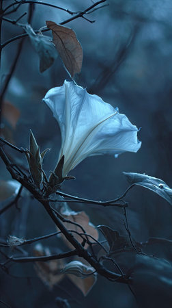 The Moonflower in winter, chilling air envelops, a few lingering leaves tremble, still atmosphere,...