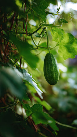 A detailed photograph of a single Sponge gourd, swaying gently in the wind, captured in natural daylight. Fresh and airy atmosphere, soft motion blur on leaves, crisp details on textures, background softly blurred into natural greenery, cinematic natural light, realistic photography.の写真素材