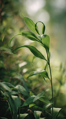 A detailed photograph of a single Water spinach, swaying gently in the wind, captured in natural...
