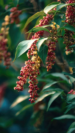A wide shot of Sichuan pepper swaying gently in the wind, realistic photography style, bright and vivid colors, natural lighting.の写真素材