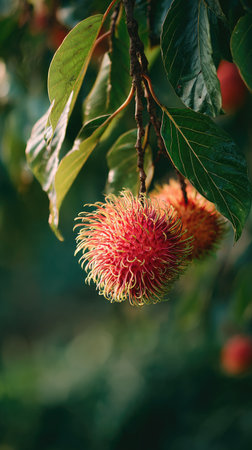 A detailed photograph of a single Rambutan, swaying gently in the wind, captured in natural daylight. Fresh and airy atmosphere, soft motion blur on leaves, crisp details on textures, background softly blurred into natural greenery, cinematic natural light, realistic photography.の写真素材