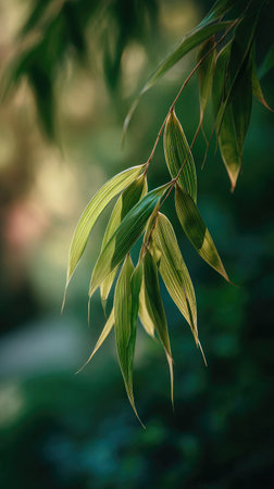 A detailed photograph of a single Bamboo shoot, swaying gently in the wind, captured in natural daylight. Fresh and airy atmosphere, soft motion blur on leaves, crisp details on textures, background softly blurred into natural greenery, cinematic natural light, realistic photography.の写真素材