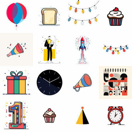 A complete illustration of Balloon Toast Light Cupcake Party Invitation, New Years Eve minimal flat style. Simplified silhouette shape, bold continuous vector outlines, clean stroke, high contrast, simple flat colors, large solid uniform color blocks, white background. Single character centered.のイラスト素材