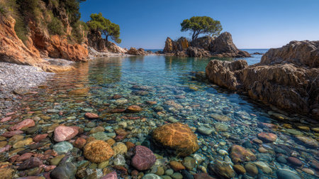 A photograph of Mediterranean coast 351 with secluded pebble beach, weathered seaside rocks, mild...