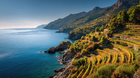 A photograph of Mediterranean coast with terraced seaside hills, mediterranean vineyard rows, early...