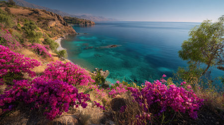 A photograph of Mediterranean coast 200 with mediterranean coastal hillside, bougainvillea flowers,...