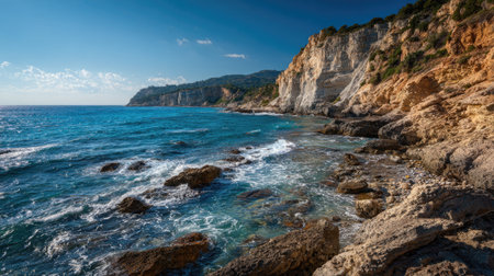 A photograph of Mediterranean coast 159 with limestone coastal cliffs, sun baked rocky ground, early autumn warmth, ultra realistic landscape photography, wide angle lens, natural colors, clean composition, no peopleの写真素材