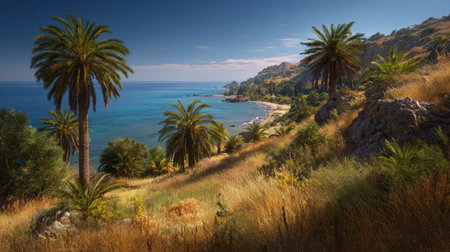A photograph of Mediterranean coast 148 with mediterranean coastal hillside, coastal palm trees,...