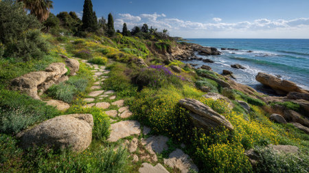 A photograph of Mediterranean coast 162 with coastal stone pathways, stone terraces, spring bloom, ultra realistic landscape photography, wide angle lens, natural colors, clean composition, no peopleの写真素材