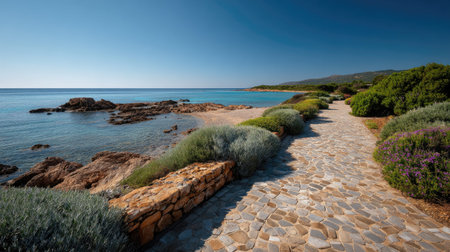 A photograph of Mediterranean coast 240 with seaside stone promenade, low maquis shrubland, warm...