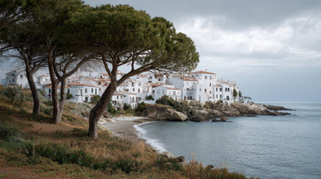 A photograph of Mediterranean coast with whitewashed coastal village, mediterranean pine trees, mild mediterranean winter, ultra realistic landscape photography, wide angle lens, natural colors, clean composition, no peopleの写真素材