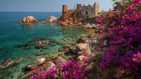 A photograph of Mediterranean coast 384 with mediterranean seaside castle ruins, bougainvillea flowers, warm summer season, ultra realistic landscape photography, wide angle lens, natural colors, clean composition, no peopleの写真素材