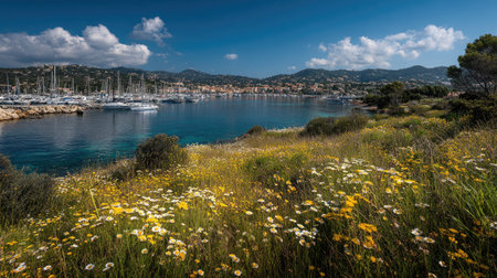 A photograph of Mediterranean coast 34 with mediterranean marina harbor, coastal wildflowers, mild...