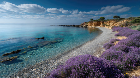 A photograph of Mediterranean coast 401 with secluded pebble beach, lavender bushes, spring bloom,...